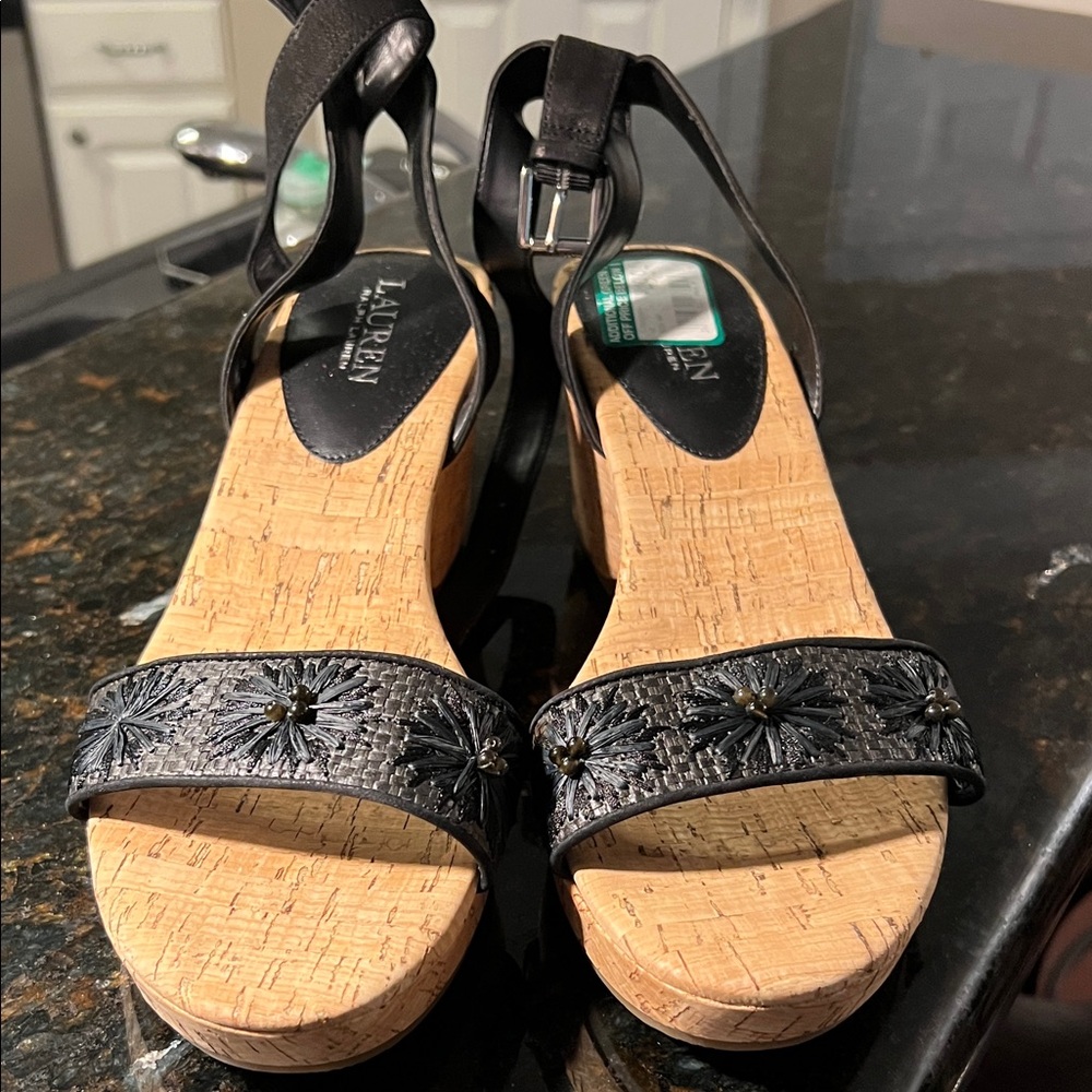 Ralph Lauren Black Floral Wedges